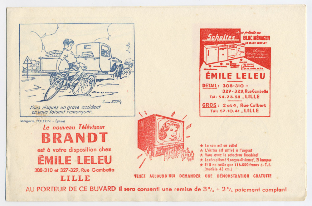 Buvard publicitaire. Emile Leleu. Vous risquez un grave accident en vous faisant remorquer.