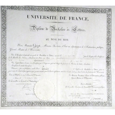 Université de France - Diplôme de Bachelier ès Lettres. Au nom du Roi.
