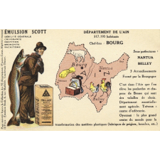 Émulsion Scott - Débilité générale, croissance, dentition, bronchite, rachitisme - Département de l'Ain - 317.195 habitants - Chef-lieu : Bourg - Sous-préfectures : Nantua, Belley.