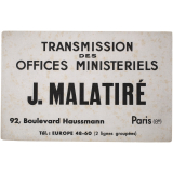 Buvard publicitaire. Transmission des offices ministériels. J. Malatiré.