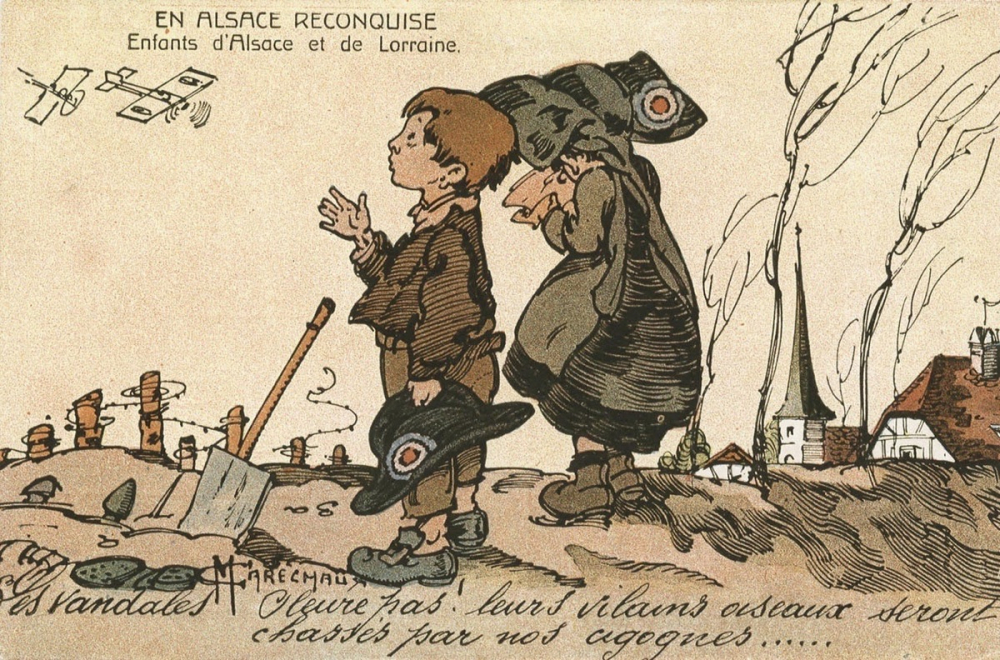 En Alsace reconquise - Enfants d'Alsace et de Lorraine - Les vandales! Pleure pas! leurs vilains oiseaux seront chassés par nos cigognes…
