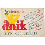 Buvard publicitaire. Vêtements Anik, fierté des enfants.
