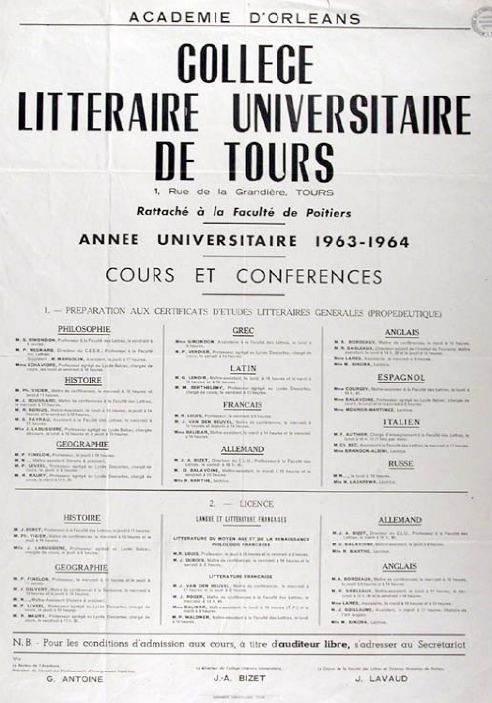 Académie d'Orléans - Collège Littéraire Universitaire de Tours, 1, Rue de la Grandière, Tours. Rattaché à la Faculté de Poitiers. Année universitaire 1963-1964. Cours et Conférences.