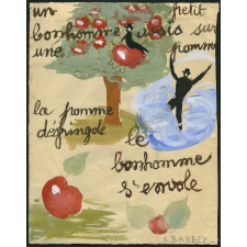 Un petit bonhomme assis sur une pomme.