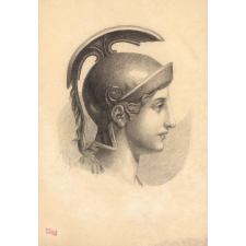 Tête de profil portant casque romain. 