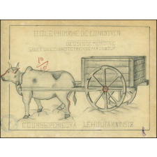 Cochinchine/Dessin de mémoire : une charrette traînée par un bœuf.