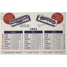 Buvard publicitaire. Pancréanne Valpan. Calendrier de 1952.