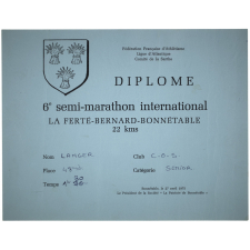 Diplôme. 6e semi-marathon international. La Ferté-Bernard-Bonnétable. 22 kms.