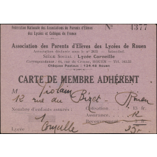 Association des parents d'élèves des lycées de Rouen. Carte de membre adhérent.