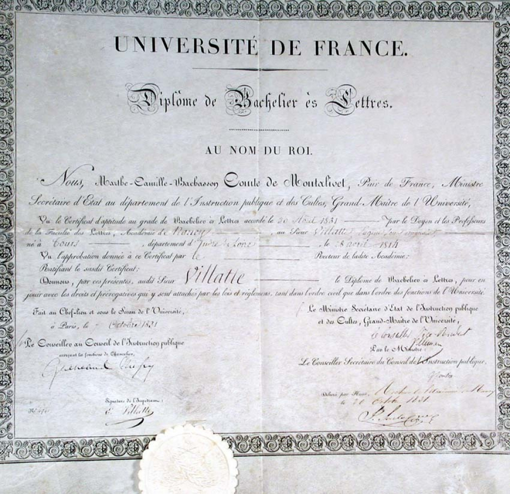 Université de France - Diplôme de Bachelier ès Lettres. Au nom du Roi.