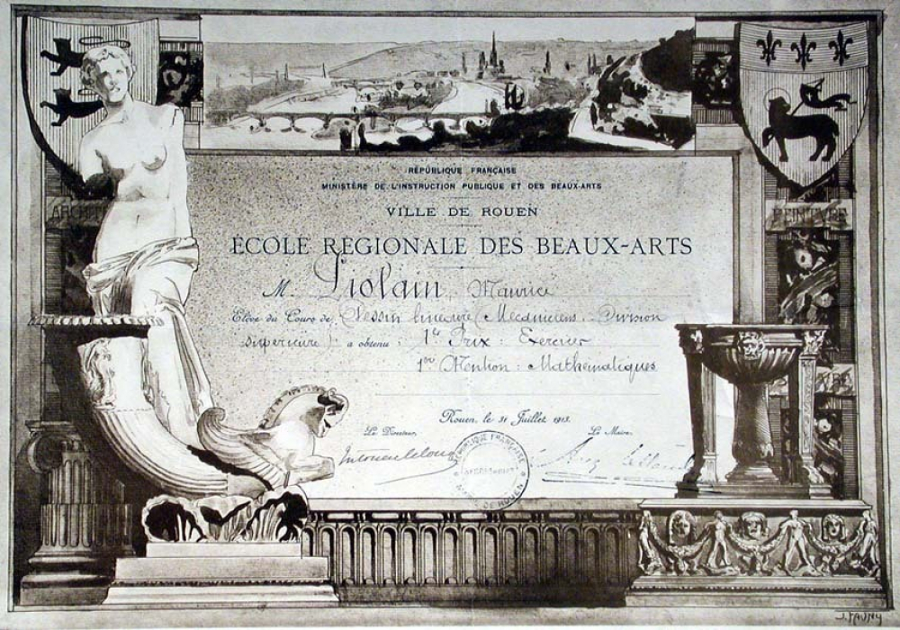 Ex-praemio . République Française - Ministère de l'Instruction Publique et des Beaux-Arts. Ville de Rouen. Ecole Régionale des Beaux-Arts.