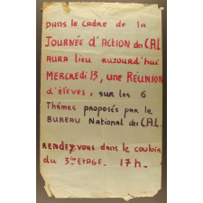 Dans le cadre de la journée d'action des C.A.L aura lieu aujourd'hui mercredi 13, une réunion d'élèves.