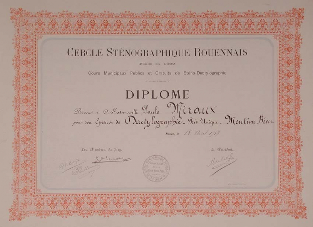Cercle Sténographique Rouennais - Fondé en 1889. Cours Municipaux Publics et Gratuits de Sténo-Dactylographie. Diplôme.