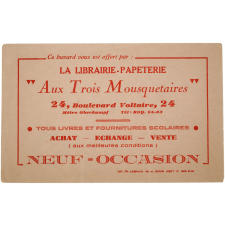 Buvard publicitaire. Librairie-Papeterie Aux Trois Mousquetaires, Paris.