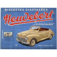 Buvard publicitaire. Heudebert. Peugeot Cabriolet 203. Timbre Mickey.