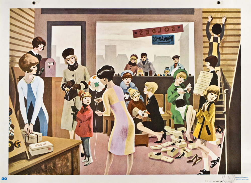 Tableau mural. Écrire et parler CE1. Chez la marchande de chaussures.