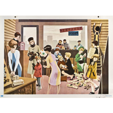 Tableau mural. Écrire et parler CE1. Chez la marchande de chaussures.