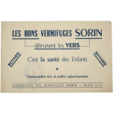Buvard publicitaire. Les bons vermifuges Sorin détruisent les vers.