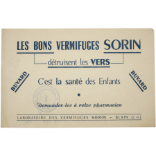 Buvard publicitaire. Les bons vermifuges Sorin détruisent les vers.