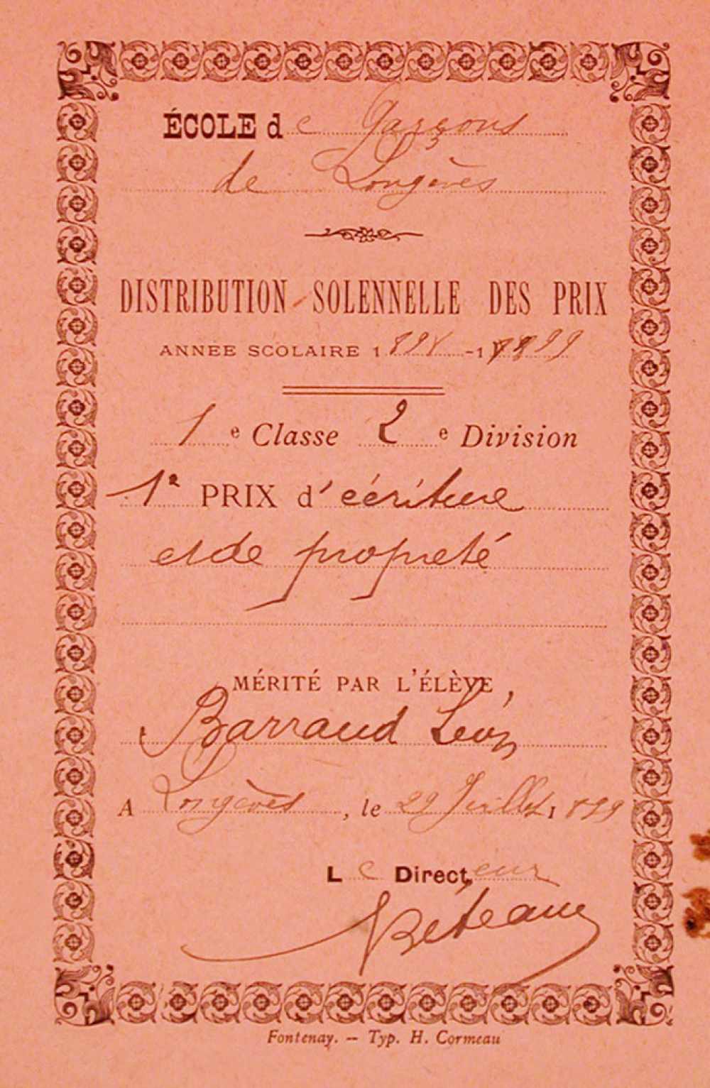 Ex-praemio . Ecole de garçons de Longèves.