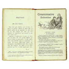 Grammaire enfantine. Premier livre de grammaire. Livre de l'élève. Règles générales. Remarques principales. (Exemples. Questionnairees). Lectures. Copies. Exercices. Dictées. (Fables. Historiettes. Poésies). Analyse grammaticale. Proposition simple. (Elocution. Rédaction d'après l'image). Livre de l'élève.
