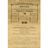 Notice concernant les Cinématographes Jouets, de fabrication française pour pellicules photographiques et en chromolithographies sans fin, pour projections de vues sur verre en Bande et Tableaux mécanisés Utilisant les vues prises avec les appareils photochronographiques de précision à perforation américaine et les vues ou tableaux sur verre pour projections fixes. Marques déposées : E.V.L, L.P.R. Frères, Paris.