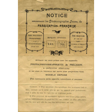 Notice concernant les Cinématographes Jouets, de fabrication française pour pellicules photographiques et en chromolithographies sans fin, pour projections de vues sur verre en Bande et Tableaux mécanisés Utilisant les vues prises avec les appareils photochronographiques de précision à perforation américaine et les vues ou tableaux sur verre pour projections fixes. Marques déposées : E.V.L, L.P.R. Frères, Paris.