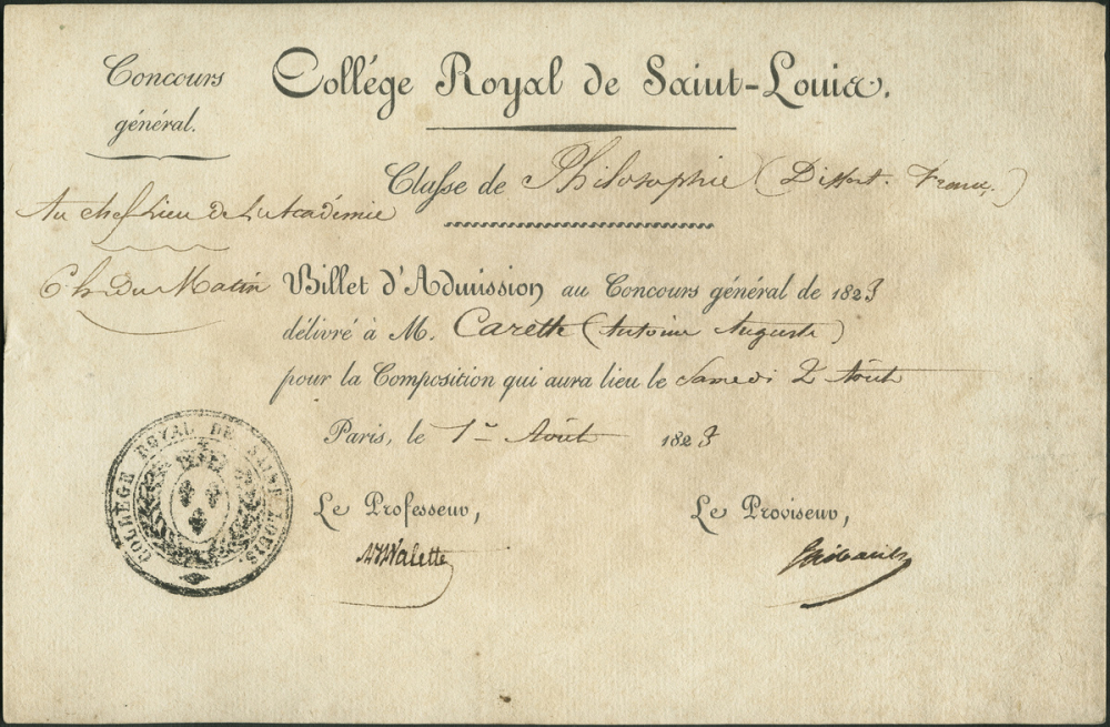 Billet d'admission au Concours général de 1823 : Collège Royal de Saint-Louis
