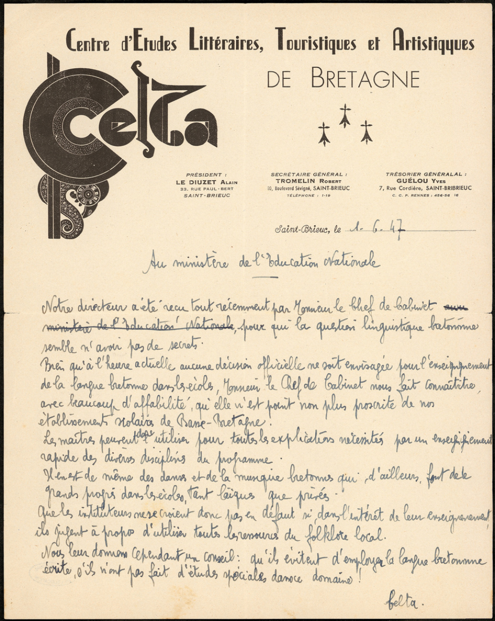Lettre du Centre d'Etudes Littéraires, Touristiques et Artistiques de Bretagne au Cabinet du Ministre de l'Education Nationale