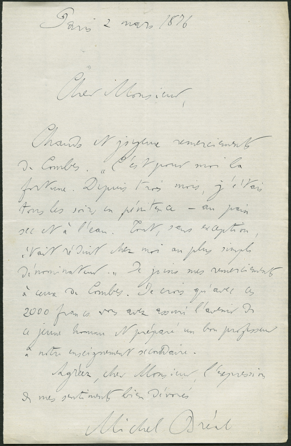 Lettre de Michel Bréal, directeur à l'Ecole des Hautes Etudes, à Armand du Mesnil, directeur de l'Enseignement supérieur au Ministère de l'Instruction publique, le 2 mars 1876