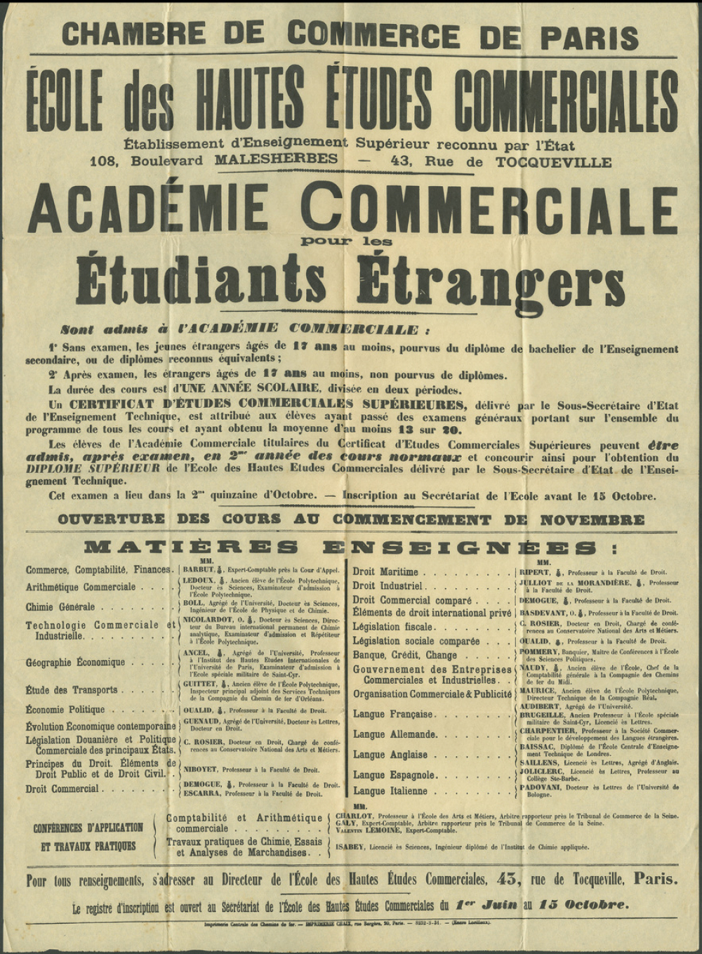 Chambre de Commerce de Paris : École des hautes études commerciales : Académie Commerciale pour les étudiants étrangers