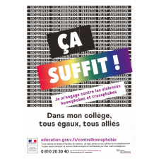 Ca suffit ! Je m'engage contre les violences homophobes et transphobes.
Dans mon collège, tous égaux, tous alliés.