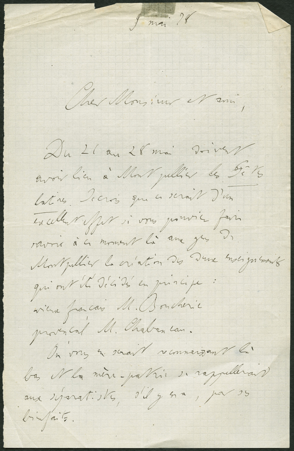 Lettre de Michel Bréal, directeur à l'Ecole des Hautes Etudes, à Armand du Mesnil, directeur de l’Enseignement supérieur au Ministère de l'Instruction publique, le 9 mai 1878