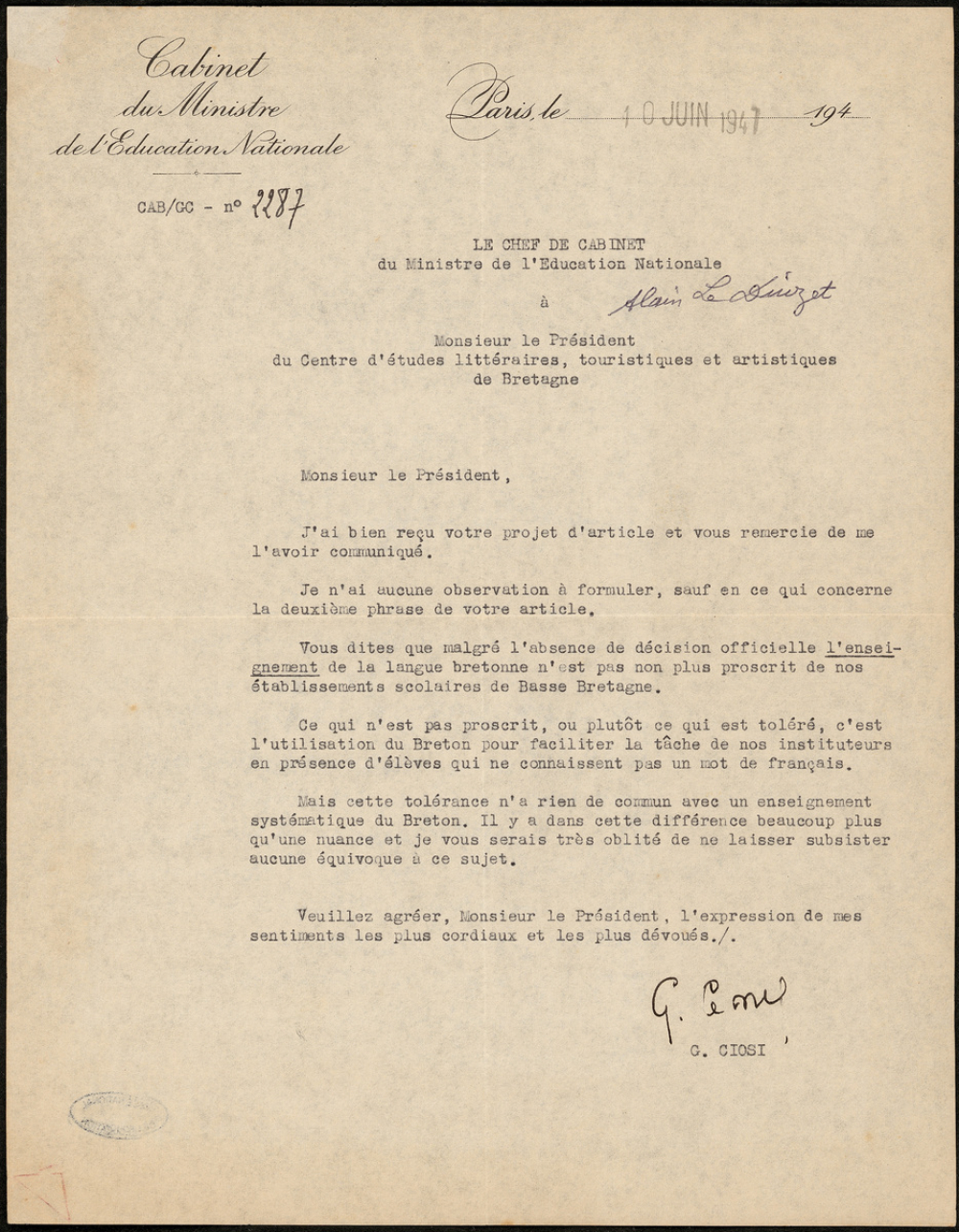 Lettre du Cabinet du Ministre de l'Education Nationale au Centre d'études littéraires, touristiques et artistiques de Bretagne