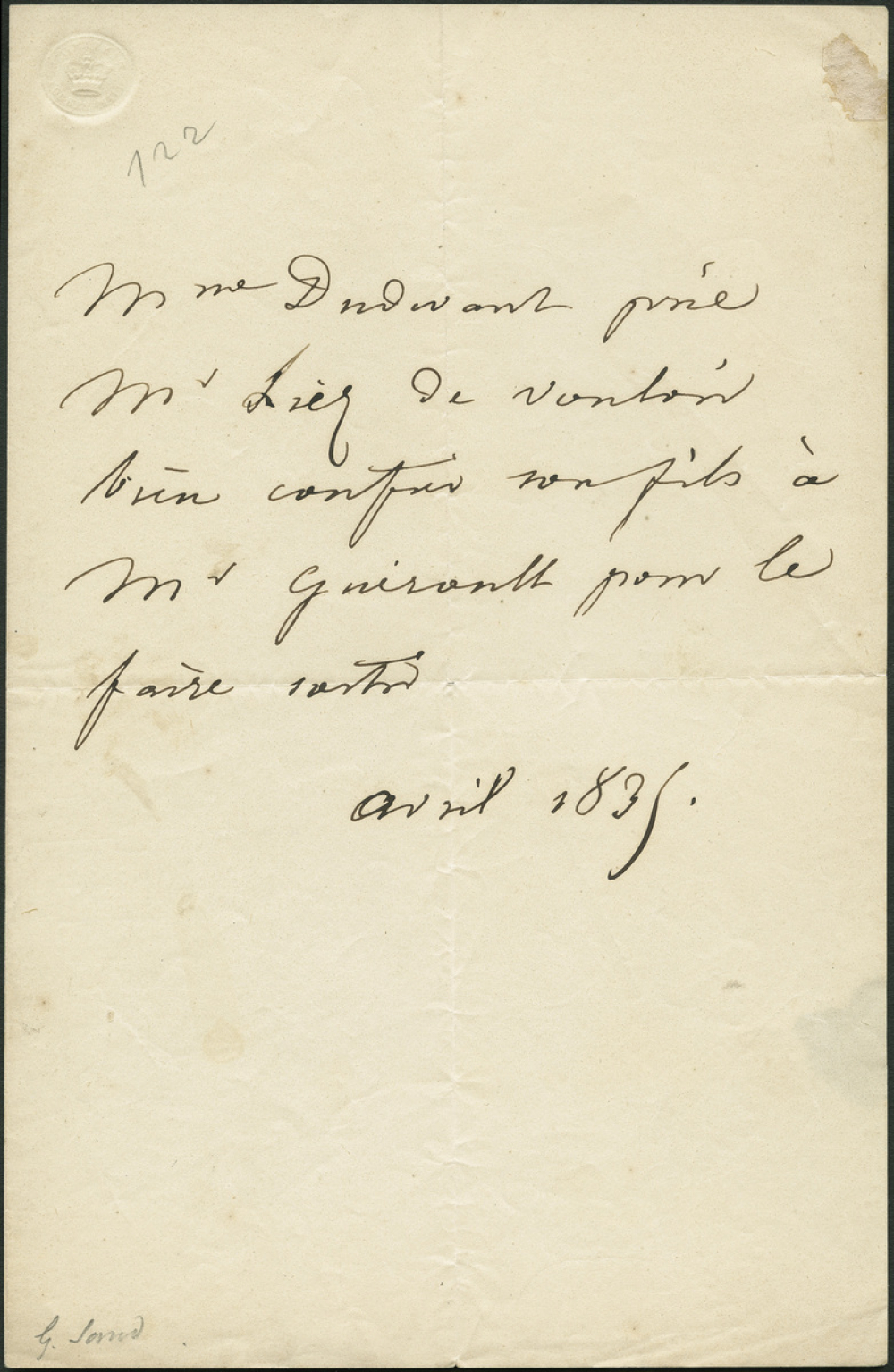 Lettre de George Sand à M. Liez proviseur du collège Henri IV