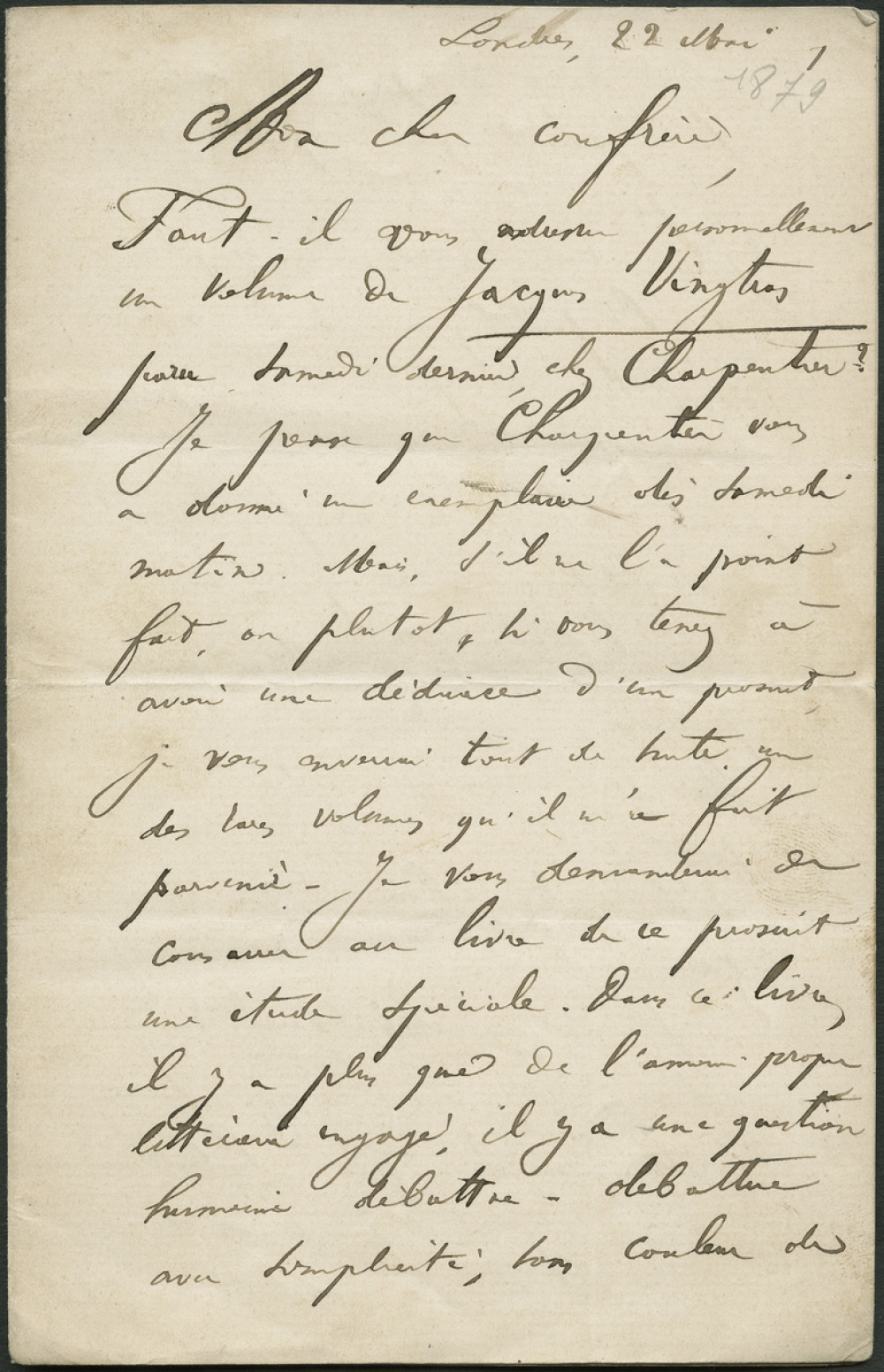Lettre de Jules Valles à propos de son ouvrage L'Enfant