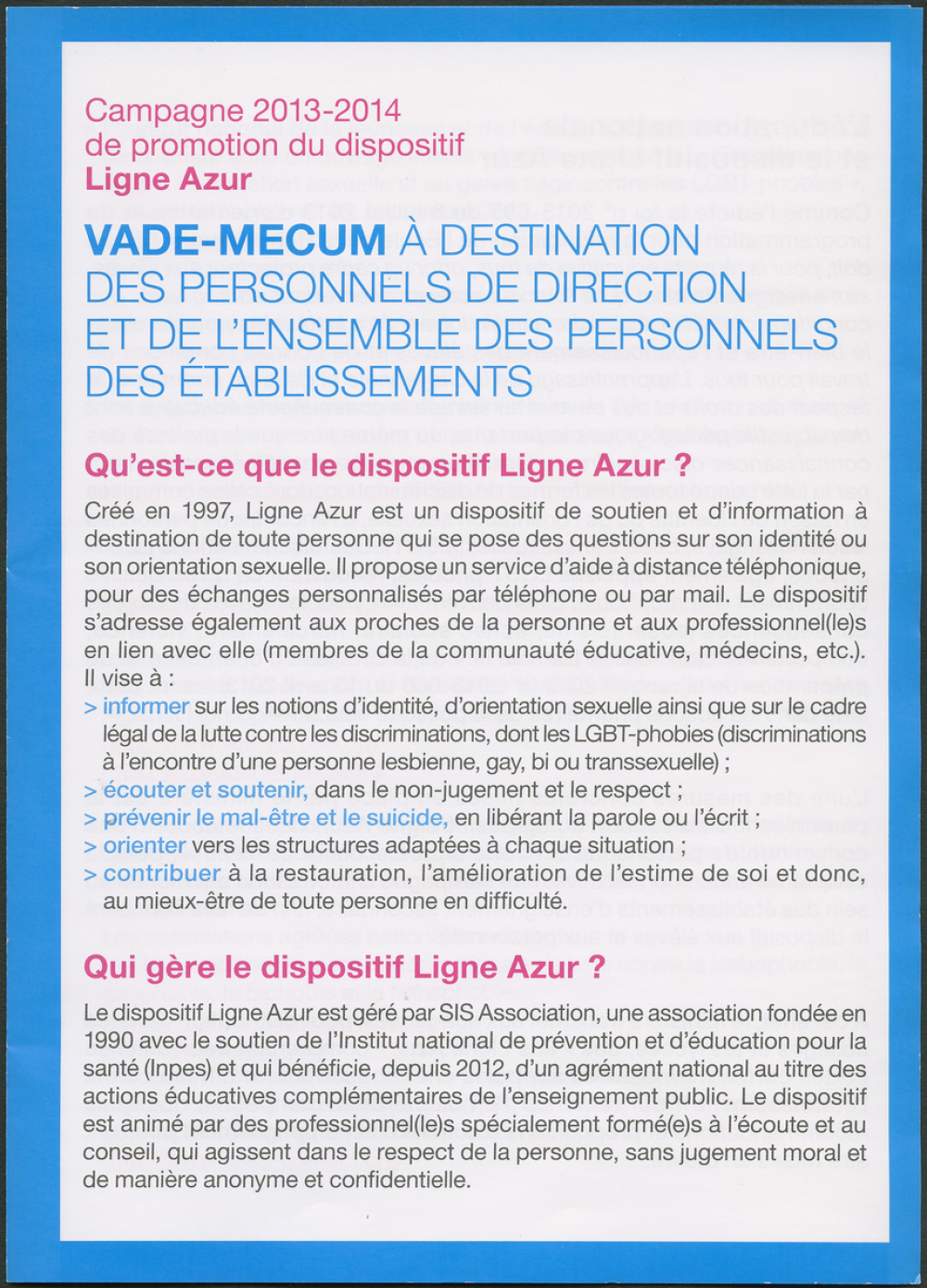 Campagne 2013-2014 de promotion du dispositif Ligne Azur : vade-mecum des personnels de direction et de l'ensemble des personnels des établissements