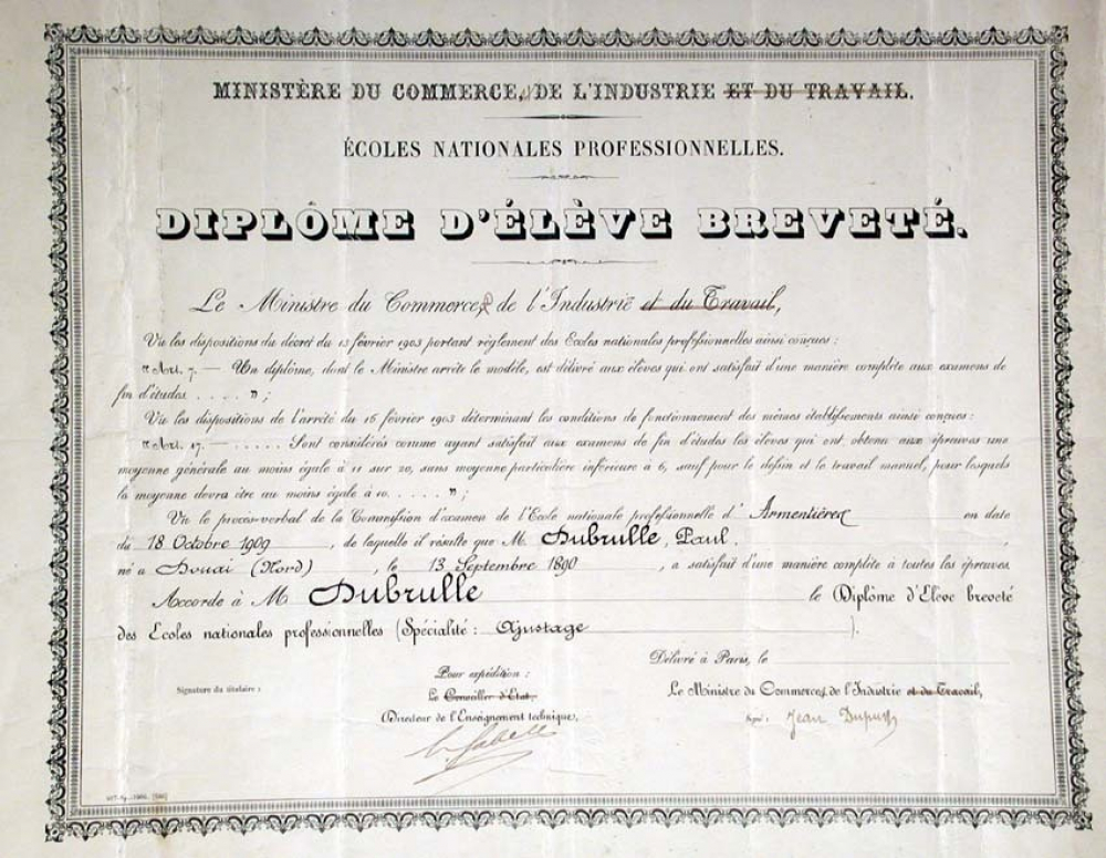 Ministère du Commerce et de l'Industrie - Ecoles Nationales Professionnelles. Diplôme d'Elève Breveté. 