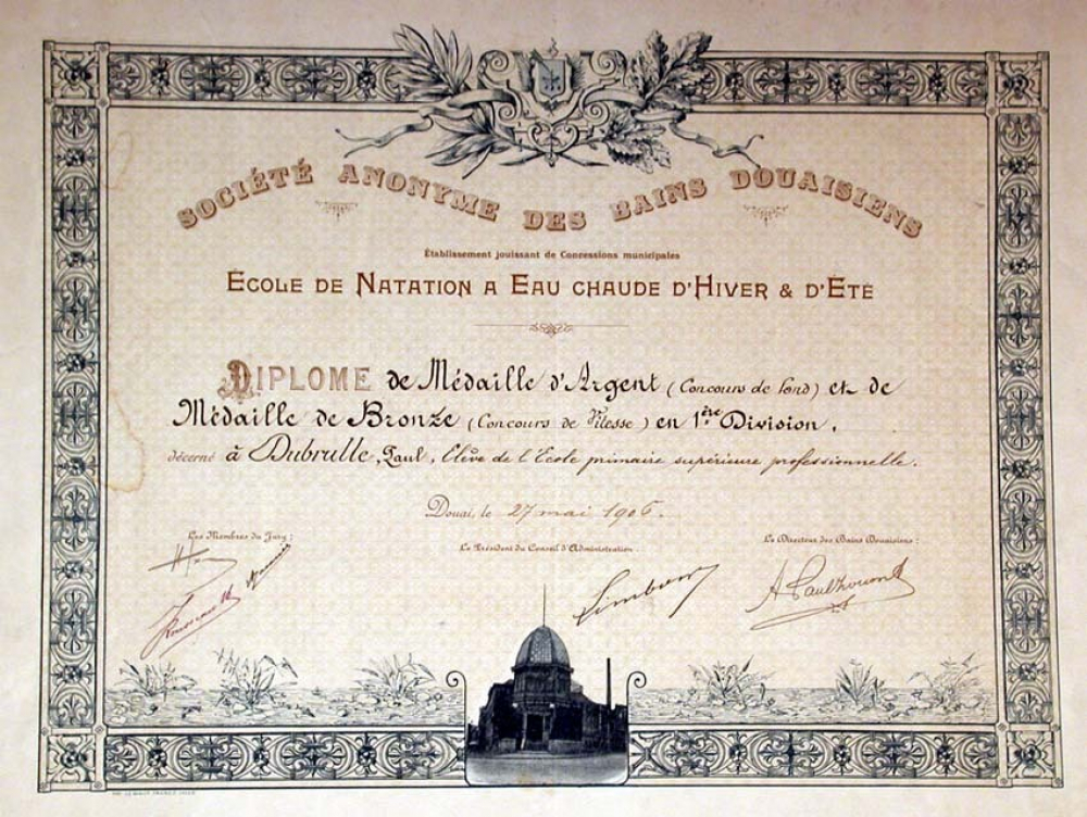 Société Anonyme des Bains Douaisiens, Etablissement jouissant de Concessions municipales - Ecole de Natation à Eau chaude d'Hiver et d'Eté. Diplôme de Médaille d'Argent et Médaille de Bronze. 