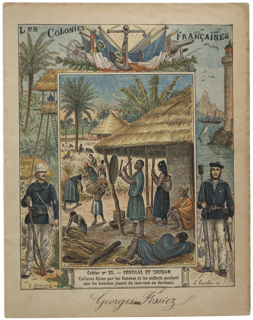 Sénégal et Soudan - Cultures faites par les femmes et les enfants pendant que les hommes jouent du tam-tam ou dorment.  - Les colonies françaises n° 23.