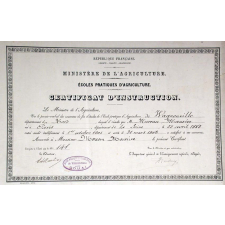 Certificat d'Instruction. République Française, Liberté-Egalité-Fraternité - Ministère de l'Agriculture. Ecoles Pratiques d'Agriculture. 