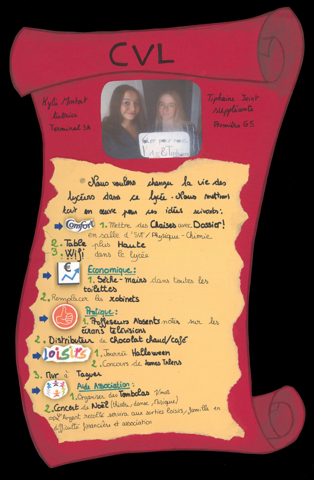 Affiche de profession de foi des élections au Conseil de la Vie Lycéenne (CVL) au lycée Jeanne d'Arc de Rouen