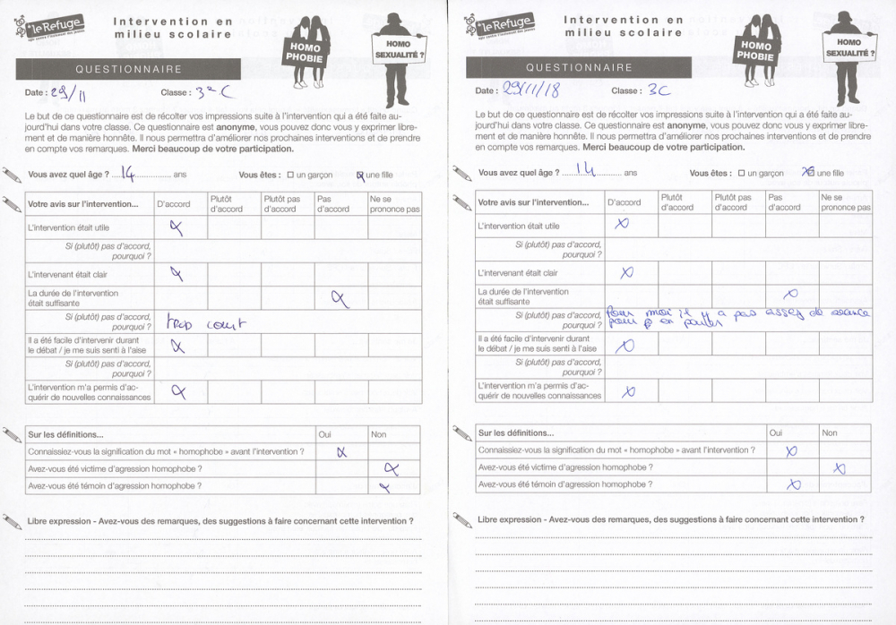 Ensemble de questionnaires distribués par Le Refuge lors d'interventions en milieu scolaire 