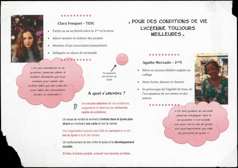 Affiche de profession de foi des élections au Conseil de la Vie Lycéenne (CVL) au lycée Jeanne d'Arc de Rouen