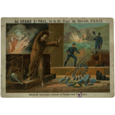 Carte réclame. Au Grand Saint Paul. Berthold Schwartz invente la poudre vers l'an 1320.