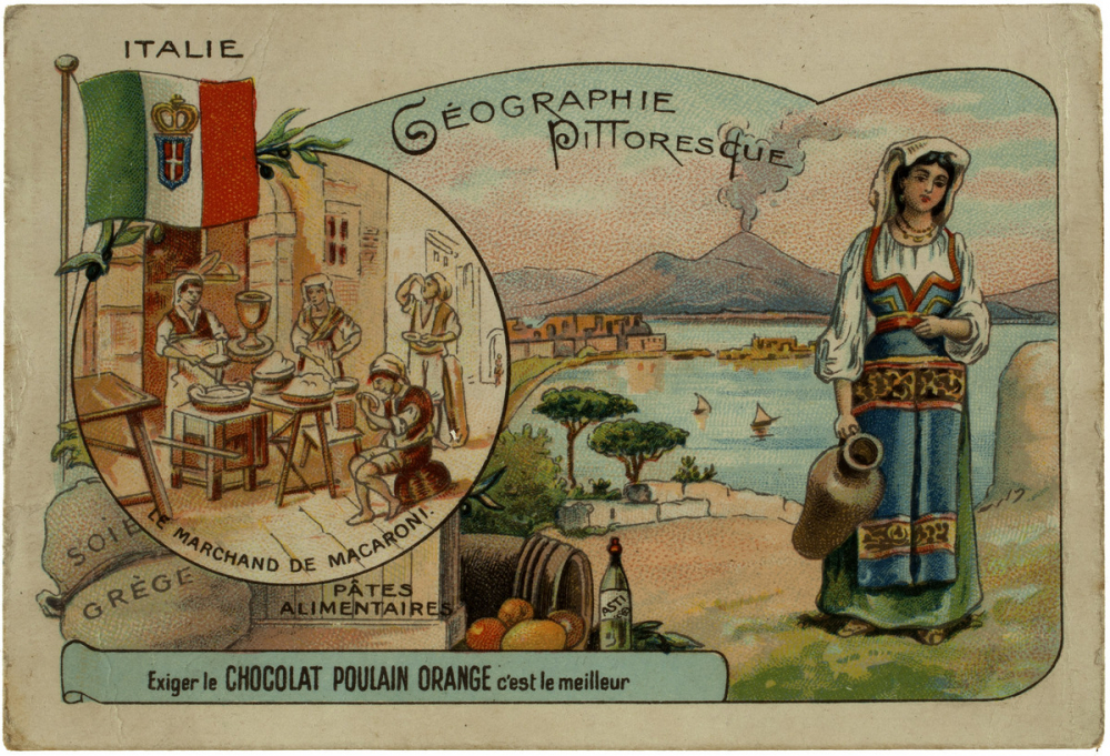 Carte réclame. Chocolat Poulain. Géographie pittoresque. Italie.