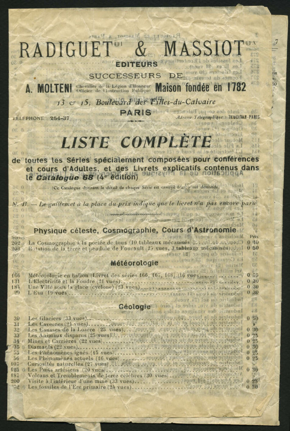 Liste complète de toutes les Séries spécialement composées pour conférences et cours d'Adultes et des Livrets explicatifs contenus dans le Catalogue 68 (4e édition).