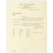 Courrier adressé le 2 avril 1937 par le photographe Rod. Schlemmer à M. Lagrange des Editions Horizons de France. 