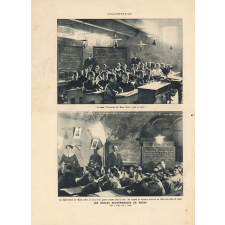 Les Ecoles souterraines de Reims : La classe D'Annunzio de l'école Dubail dans un cellier. La classe Sarrail de l'École Joffre, au fond d'une galerie creusée dans la craie; des rangées de tonneaux séparent les différentes salles de classe