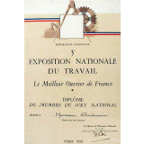 Diplôme de membre du jury national du meilleur ouvrier de France de la 5e Exposition nationale du Travail. 